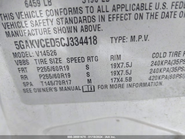 2012 BUICK ENCLAVE LEATHER VIN: 5GAKVCED5CJ334418
