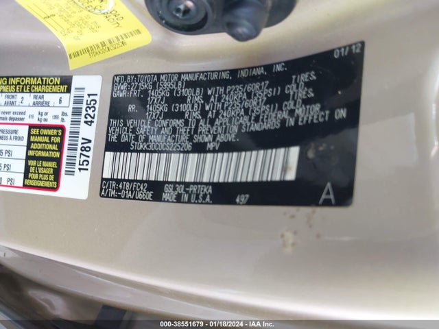 2012 TOYOTA SIENNA LE V6 8 PASSENGER VIN: 5TDKK3DC0CS225206