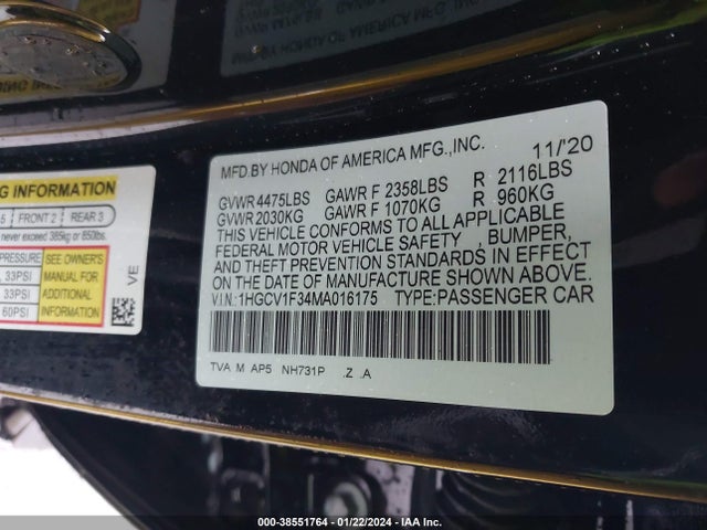 2021 HONDA ACCORD SPORT VIN: 1HGCV1F34MA016175