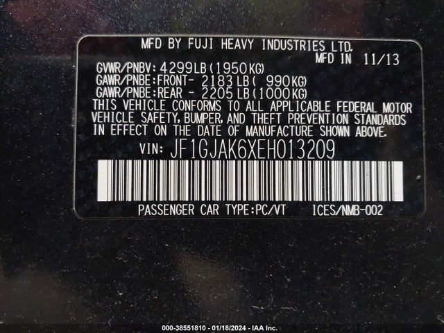 2014 SUBARU IMPREZA 2.0I LIMITED VIN: JF1GJAK6XEH013209