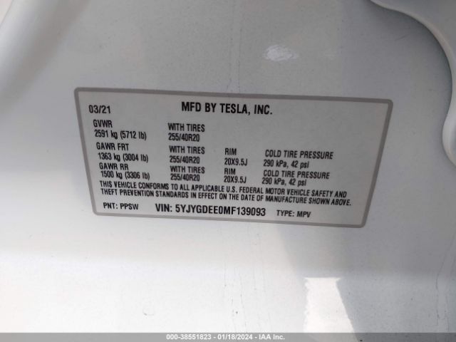 2021 TESLA MODEL Y 5YJYGDEE0MF139093 Photo 8