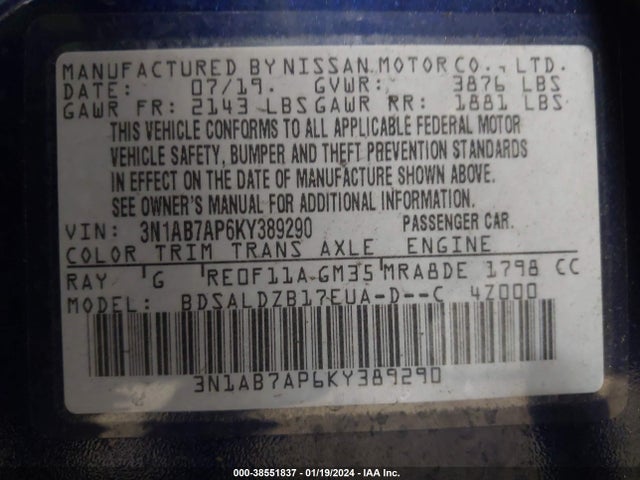 Nissan SENTRA SV 2019 3N1AB7AP6KY389290 Image 9