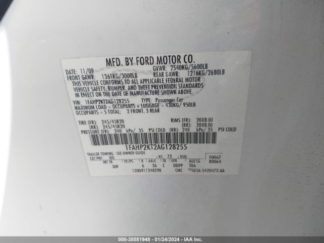 2010 FORD TAURUS 1FAHP2KT2AG128255 Photo 8