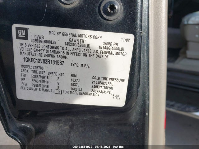 2003 GMC YUKON SLE VIN: 1GKEC13V83R181587