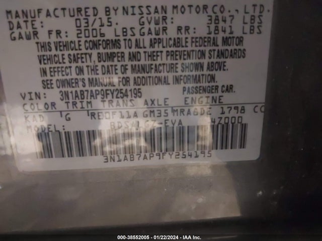 Nissan SENTRA SL 2015 3N1AB7AP9FY254195 Image 9