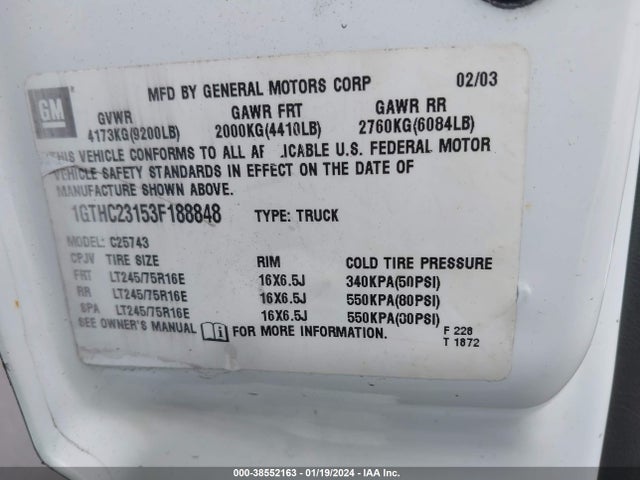 2003 GMC SIERRA 2500HD SLE VIN: 1GTHC23153F188848