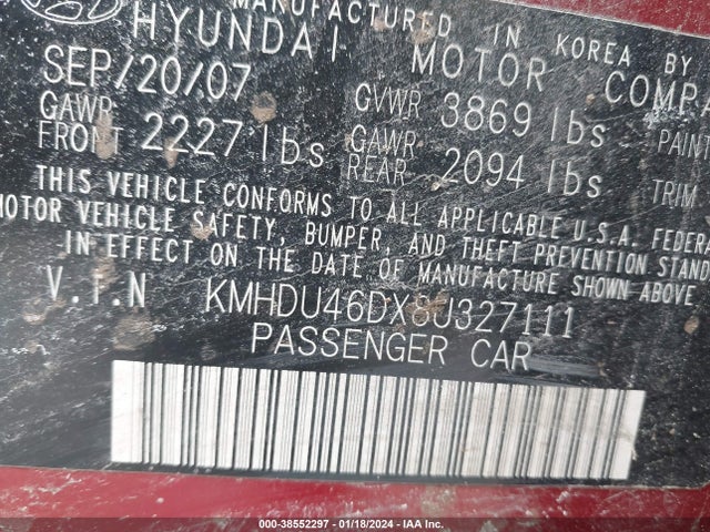 2008 HYUNDAI ELANTRA GLS/SE VIN: KMHDU46DX8U327111