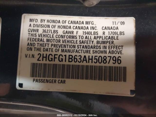 2010 HONDA CIVIC LX VIN: 2HGFG1B63AH508796