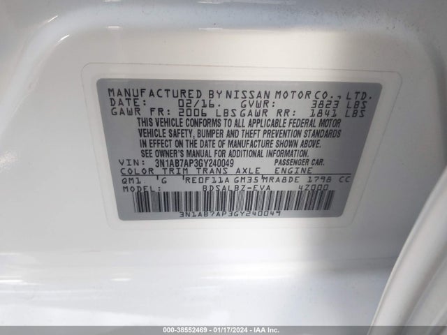 Nissan SENTRA S 2016 3N1AB7AP3GY240049 Image 9