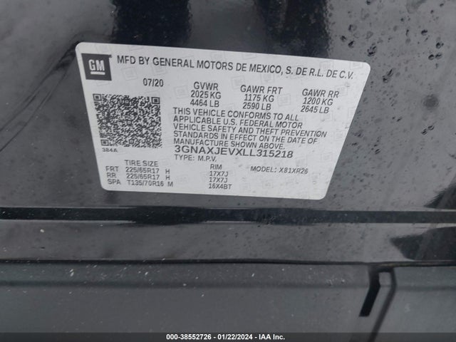 2020 CHEVROLET EQUINOX FWD 2FL VIN: 3GNAXJEVXLL315218
