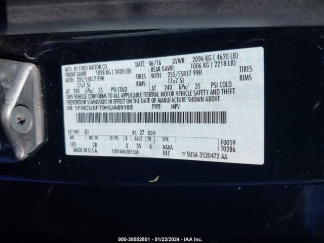 1FMCU0F70HUA89185 Ford ESCAPE S