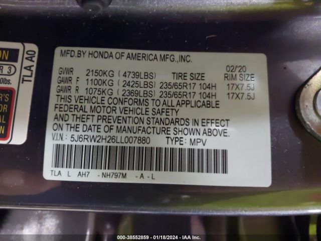 5J6RW2H26LL007880 Honda Cr-v Awd Lx
