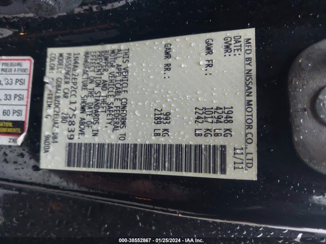 Aukcja sprzedaży 2012 Nissan Altima 2.5 S, vin: 1N4AL2EP2CC175839, numer aukcji: 38552867