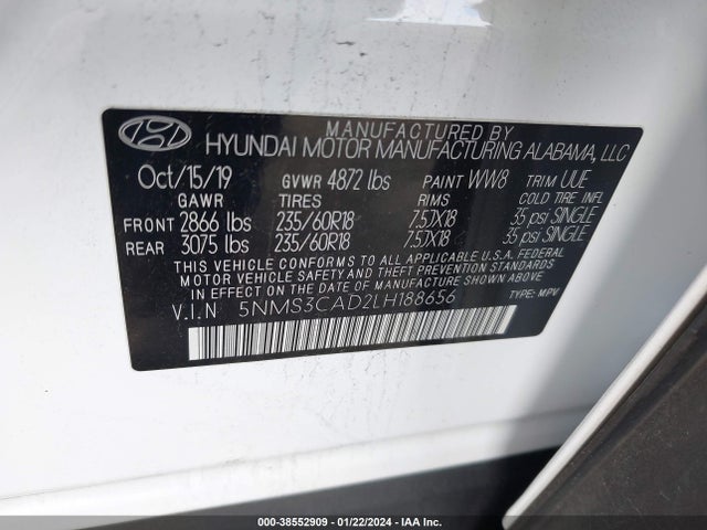 Hyundai Santa Fe Sel 2020 5NMS3CAD2LH188656 Image 9