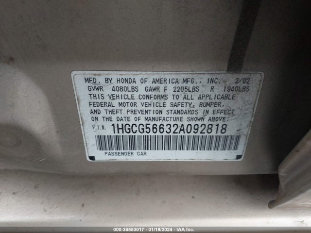 2002 HONDA ACCORD 2.3 EX VIN: 1HGCG56632A092818