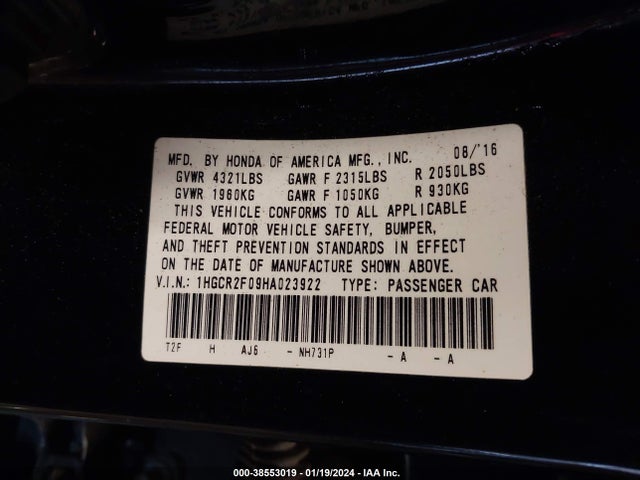 Honda ACCORD EX 2017 1HGCR2F09HA023922 Image 9