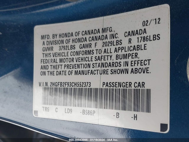 2012 HONDA CIVIC EX-L VIN: 2HGFB2F93CH552373
