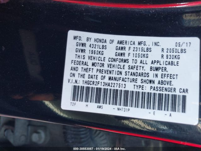 1HGCR2F13HA227513 Honda Accord Sport Se