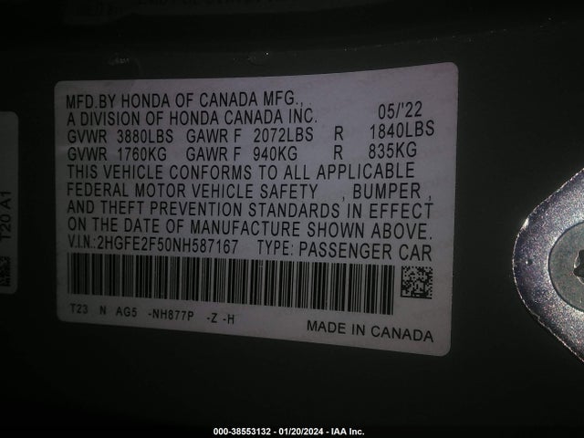 Honda Civic Sport 2022 2HGFE2F50NH587167 Image 9