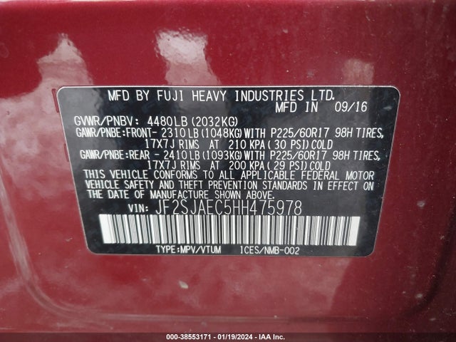 Subaru Forester 2.5i Premium 2017 JF2SJAEC5HH475978 Image 9