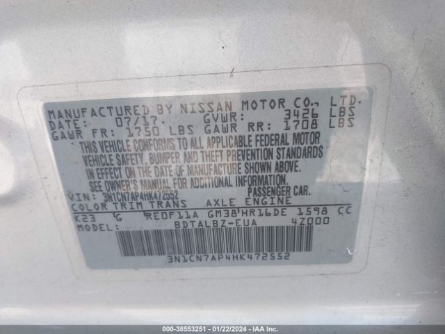 3N1CN7AP4HK472552 Nissan Versa 1.6 Sv