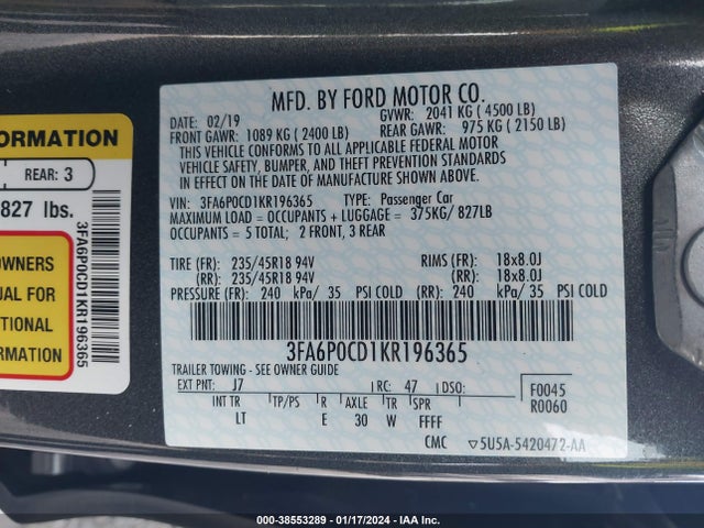 2019 FORD FUSION SEL VIN: 3FA6P0CD1KR196365