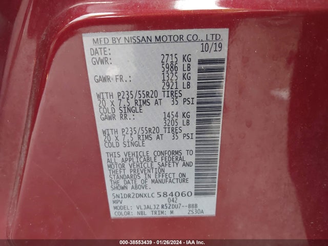 Nissan Pathfinder Platinum 2wd 2020 5N1DR2DNXLC584060 Image 9