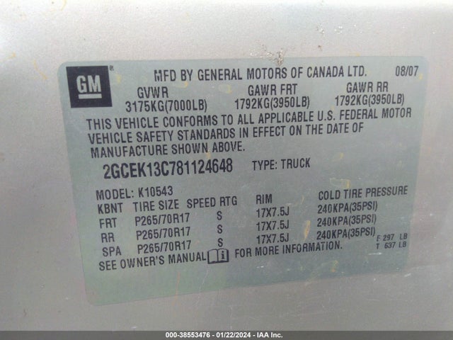 2008 CHEVROLET SILVERADO 1500 LS VIN: 2GCEK13C781124648