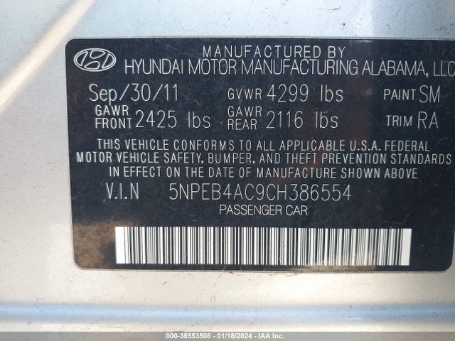 Продаж на аукціоні авто 2012 Hyundai Sonata Gls, vin: 5NPEB4AC9CH386554, номер лоту: 38553508