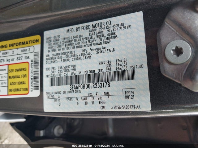 2020 FORD FUSION SE VIN: 3FA6P0HD0LR253178