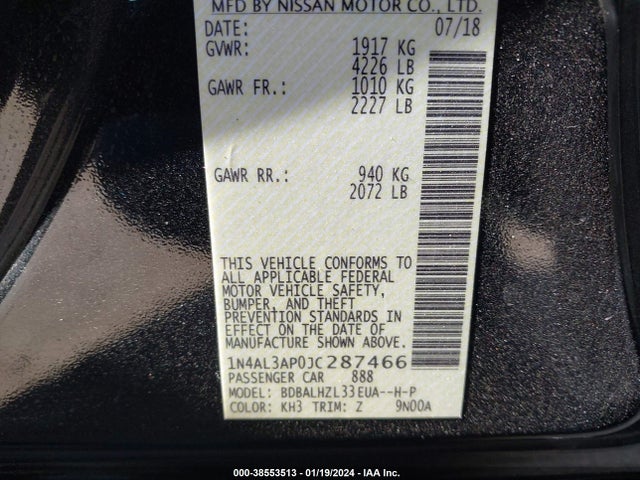 2018 NISSAN ALTIMA 2.5 SR VIN: 1N4AL3AP0JC287466