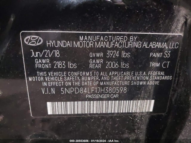 2018 HYUNDAI ELANTRA SEL VIN: 5NPD84LF1JH380598