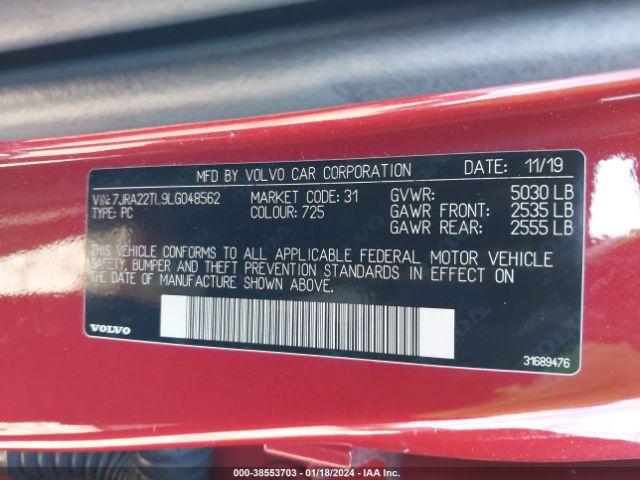 7JRA22TL9LG048562 Volvo S60 T6 Inscription