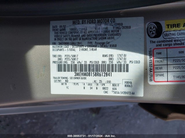 2008 MERCURY MILAN V6 PREMIER VIN: 3MEHM08158R612841