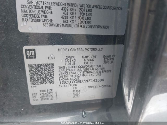1GCUYGED7NZ141584 Chevrolet Silverado 1500 Ltd 4wd  Short Bed Ltz
