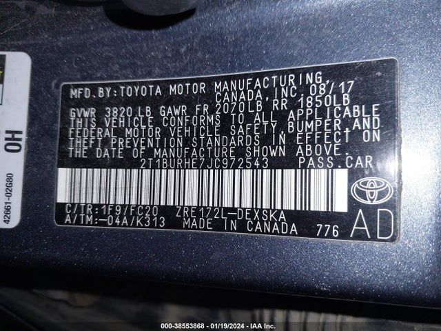 Toyota COROLLA SE 2018 2T1BURHE7JC972543 Image 9