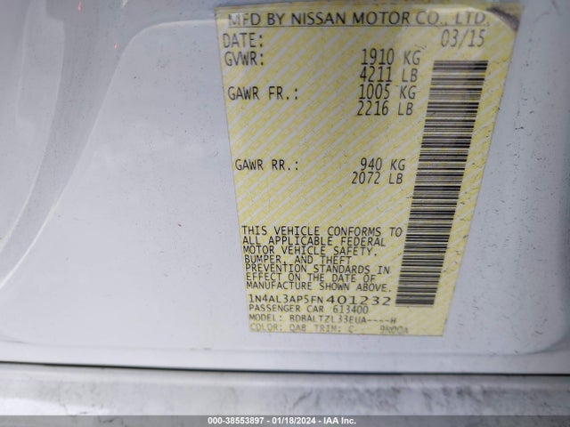 2015 NISSAN ALTIMA 2.5 SL VIN: 1N4AL3AP5FN401232
