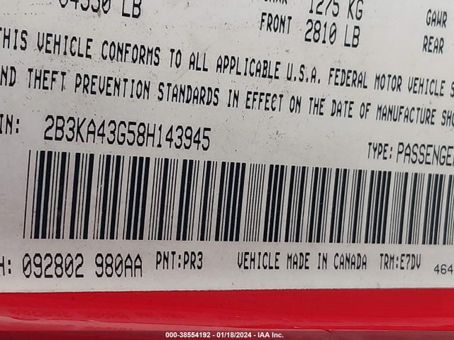 2008 DODGE CHARGER VIN: 2B3KA43G58H143945