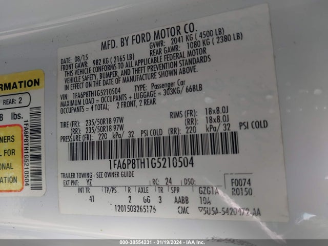 2016 FORD MUSTANG ECOBOOST VIN: 1FA6P8TH1G5210504