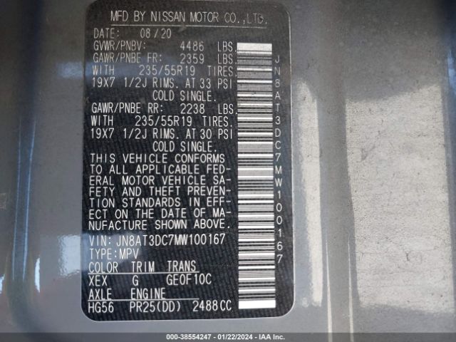 JN8AT3DC7MW100167 Nissan Rogue Platinum Fwd