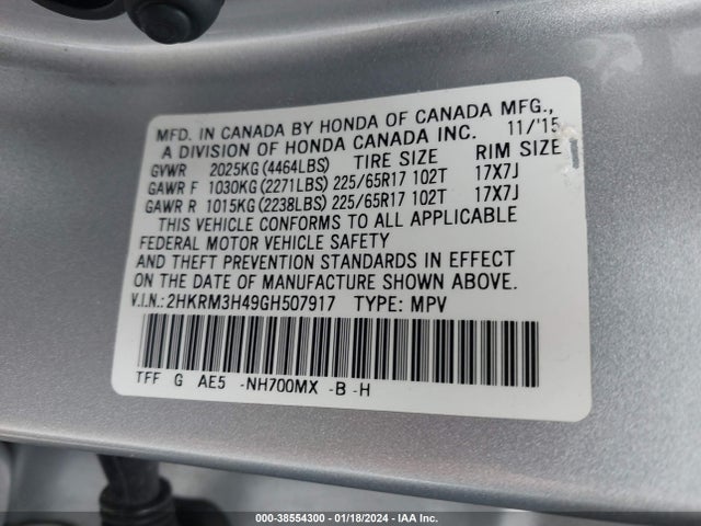 Honda CR-V SE 2016 2HKRM3H49GH507917 Image 9