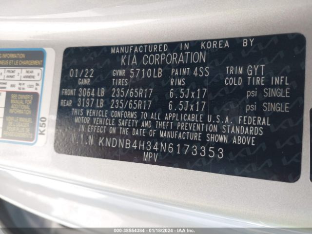 KNDNB4H34N6173353 KIA Carnival Mpv Lx Seat Package