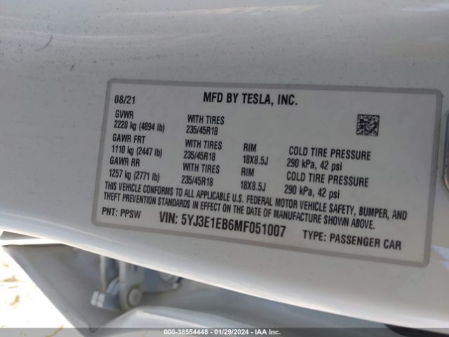 2021 TESLA MODEL 3 5YJ3E1EB6MF051007 Photo 8