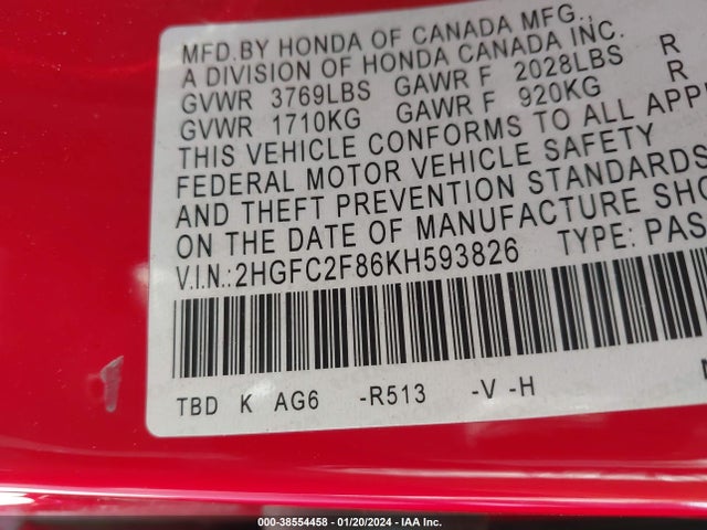 Honda Civic Sport 2019 2HGFC2F86KH593826 Image 9