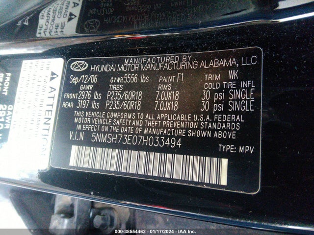 2007 HYUNDAI SANTA FE LIMITED/SE VIN: 5NMSH73E07H033494
