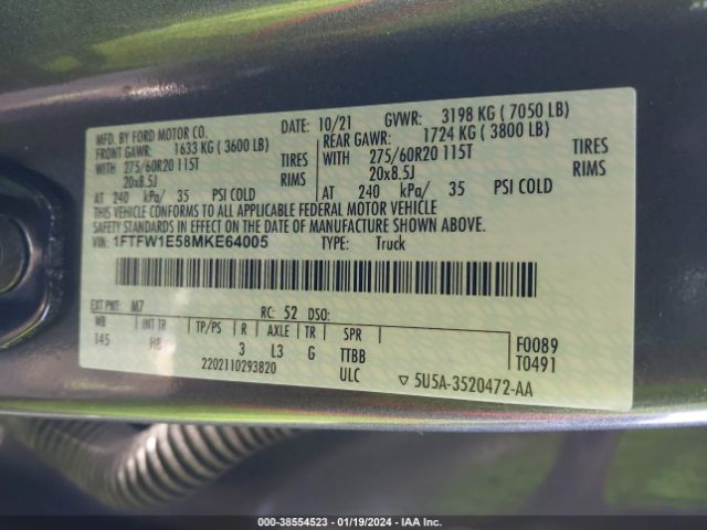 1FTFW1E58MKE64005 Ford F-150 Lariat