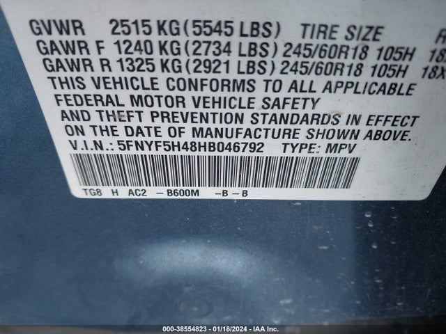 Honda Pilot Ex 2017 5FNYF5H48HB046792 Image 9