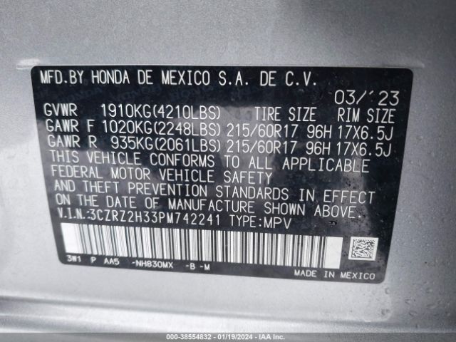 3CZRZ2H33PM742241 Honda Hr-v Awd Lx