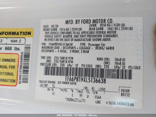 Ford Mustang Ecoboost Premium Fastback 2020 1FA6P8THXL5136638 Image 9