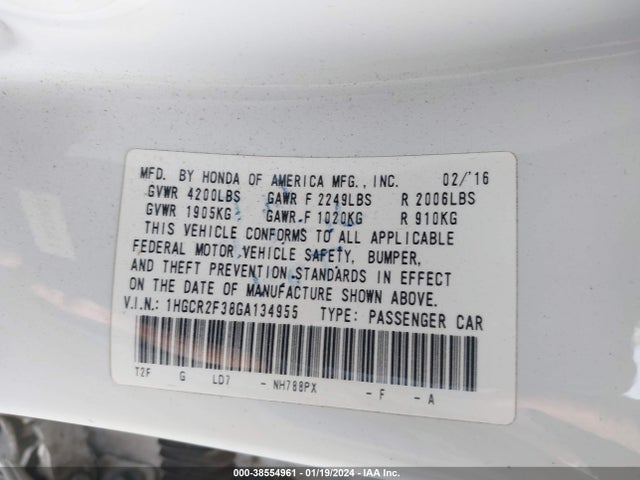 Honda ACCORD LX 2016 1HGCR2F38GA134955 Image 9